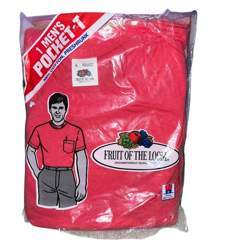 Vintage 80s Fruit of the Loom men's pocket t shirt sz large made in USA red NEW